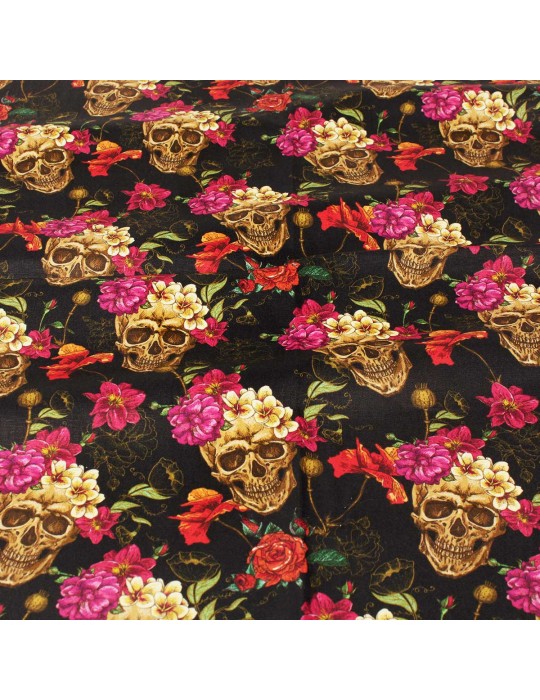 Coupon coton crâne fleuri noir 50 x 140 cm