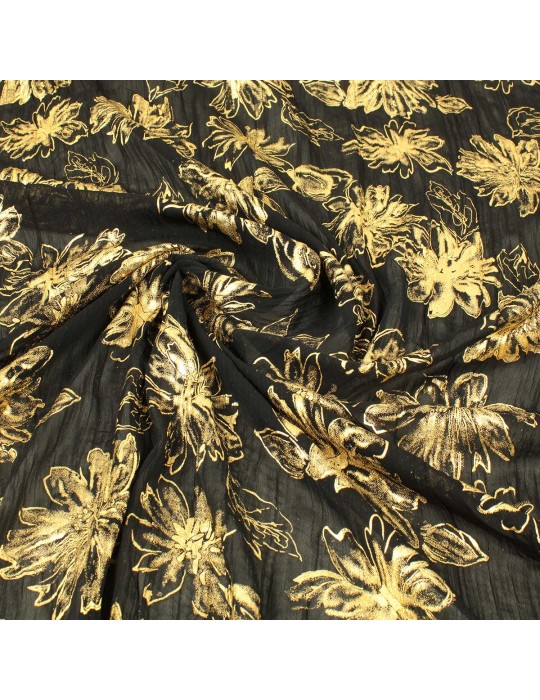 Tissu voile polyester floral doré/noir
