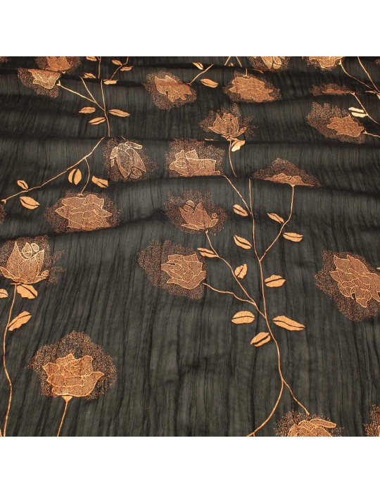Tissu voile polyester à fleurs cuivre/noir