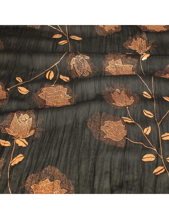 Tissu voile polyester à fleurs cuivre/noir