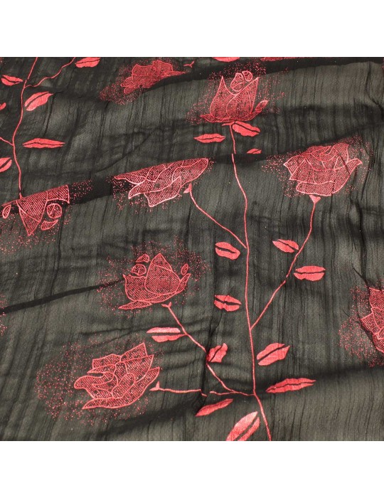 Tissu voile polyester à fleurs rouge/noir