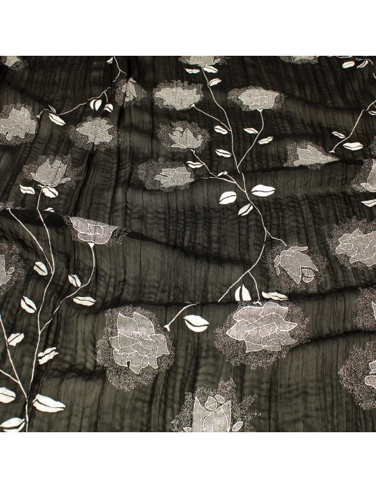 Tissu voile polyester à fleurs argent/noir