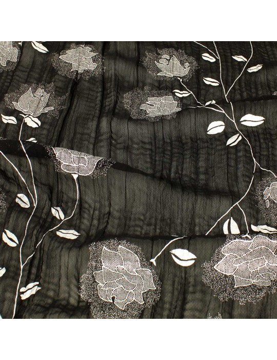 Tissu voile polyester à fleurs argent/noir