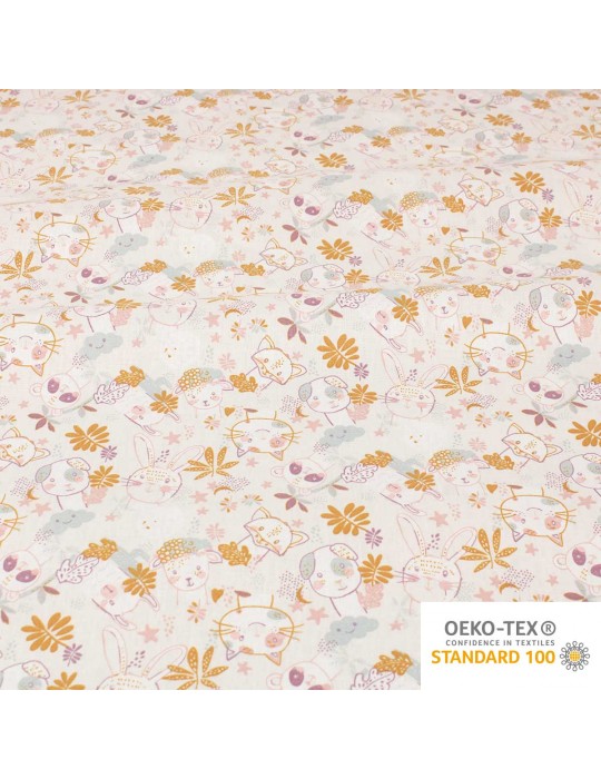 Tissu Cretonne animaux rose/blanc