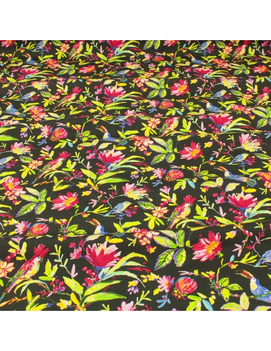 Tissu viscose fleurs/oiseaux noir