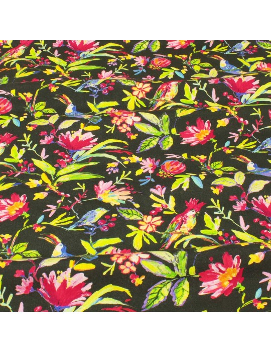 Tissu viscose fleurs/oiseaux noir