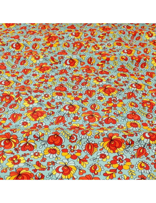 Tissu viscose floral bleu/orange