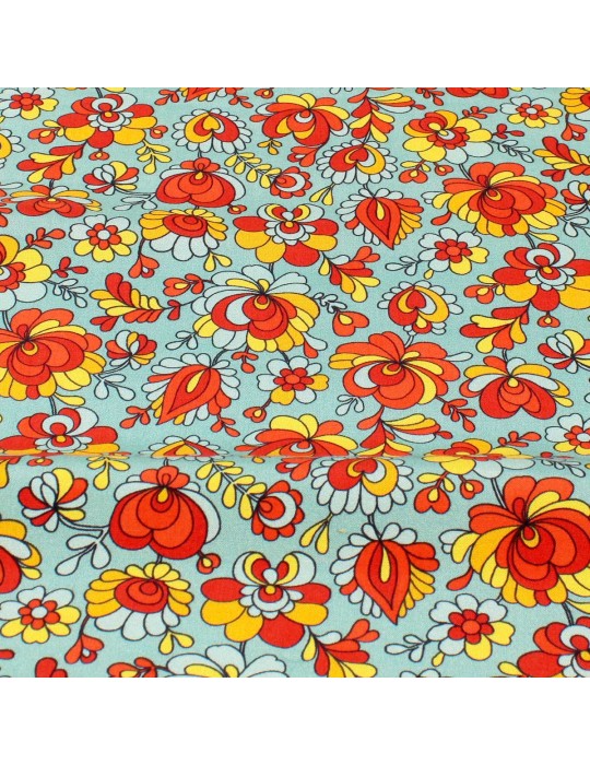 Tissu viscose floral bleu/orange