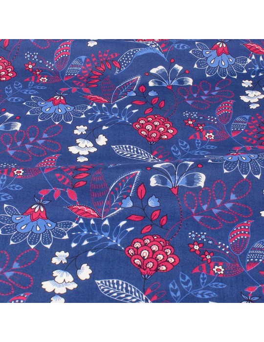 Tissu viscose fleurs/nature bleu