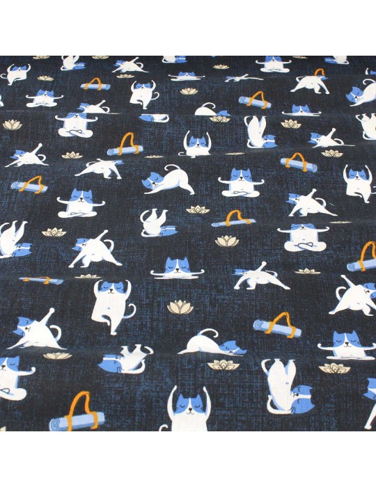 Tissu cretonne chat bleu marine