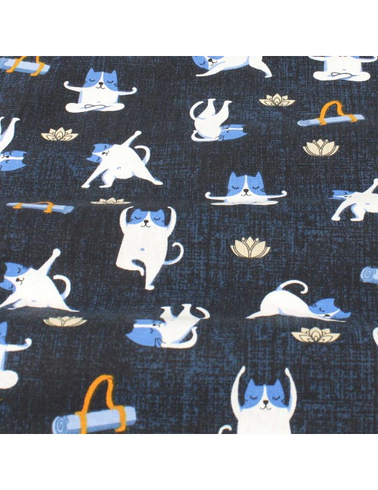 Tissu cretonne chat bleu marine