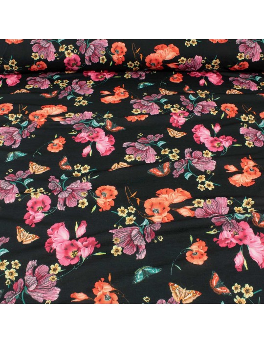 Tissu jersey imprimé papillon noir/fuchsia