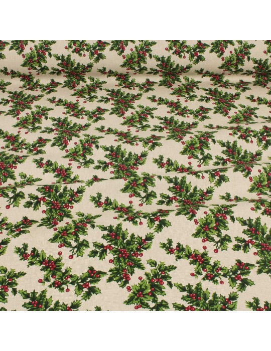 Tissu coton/polyester houx de Noël