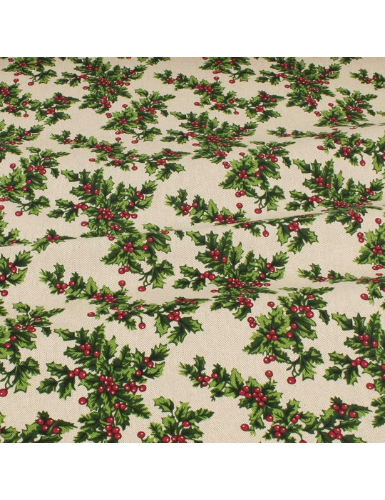 Tissu coton/polyester houx de Noël