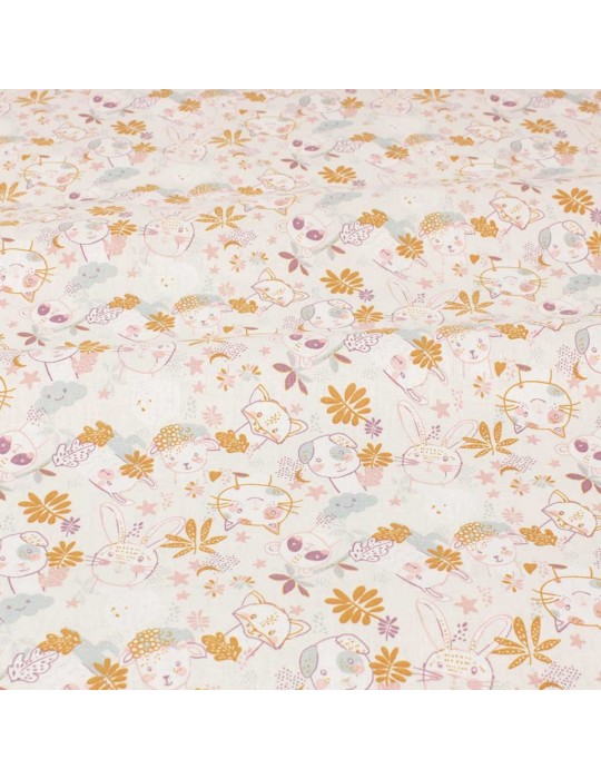 Tissu Cretonne animaux rose/blanc