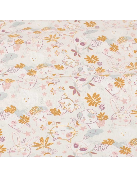 Tissu Cretonne animaux rose/blanc