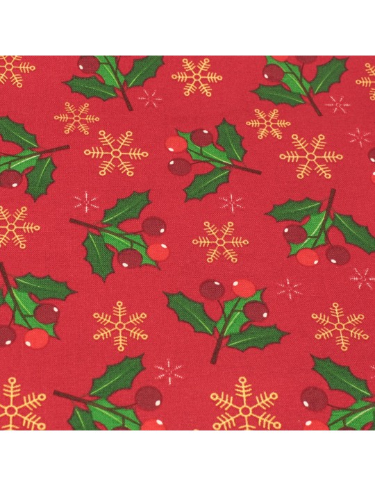 Coupon coton imprimé houx Noël rouge/or 50 x 50 cm