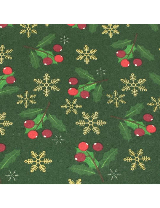 Coupon coton imprimé houx Noël vert/or 50 x 50 cm