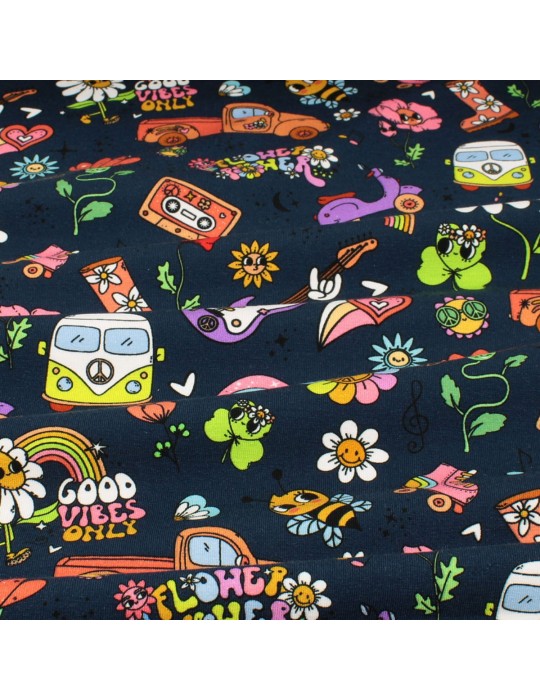 Tissu jersey imprimé flower power marine