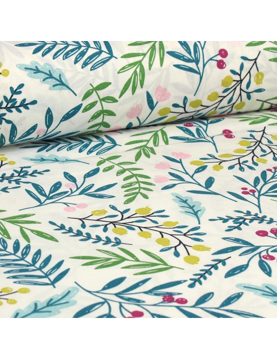 Tissu coton imprimé végétal/baie blanc