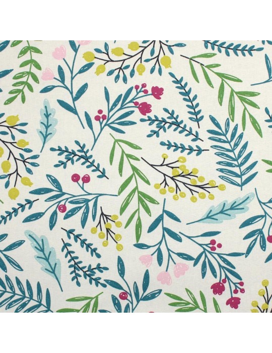 Tissu coton imprimé végétal/baie blanc