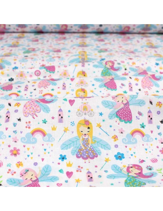 Tissu cretonne imprimé enfant 100 % coton blanc