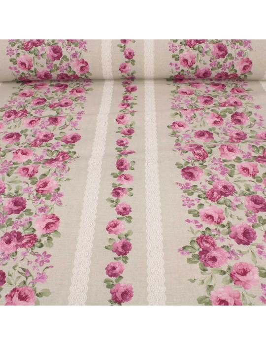 Tissu coton/polyester fleurs roses