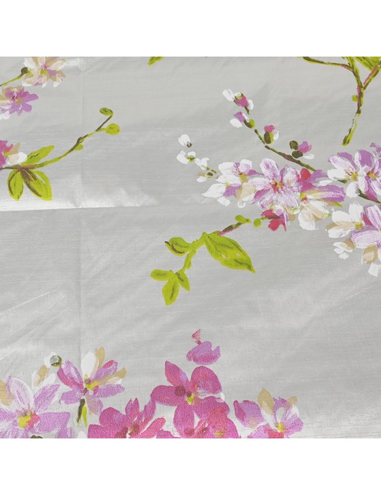 Coupon taffetas argenté/fleurs 300 x 145 cm